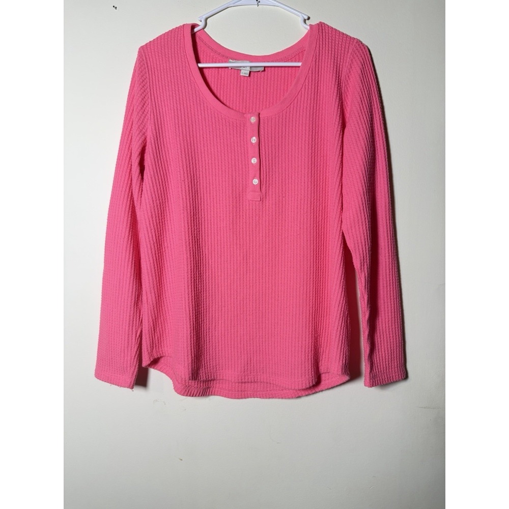 Loft Thermal Waffle Knit Long Sleeve Button Detail Large Textured Coastal
